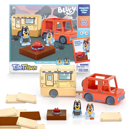 Tile Town Bluey Heeler Camper Magnetic Tile Set with Bluey and Bandit Figures, Magnetic Building Set