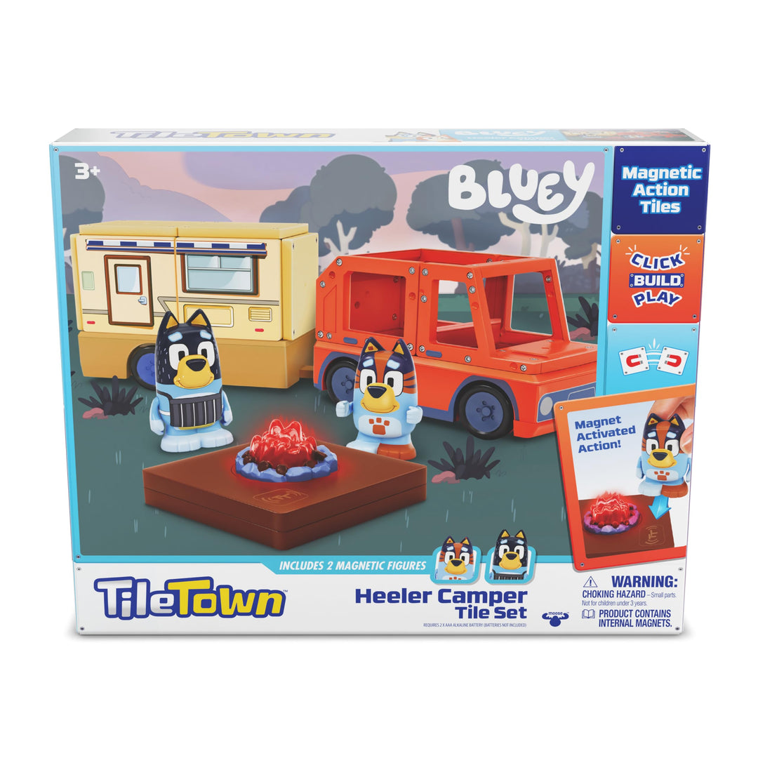 Tile Town Bluey Heeler Camper Magnetic Tile Set with Bluey and Bandit Figures, Magnetic Building Set