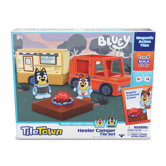Tile Town Bluey Heeler Camper Magnetic Tile Set with Bluey and Bandit Figures, Magnetic Building Set