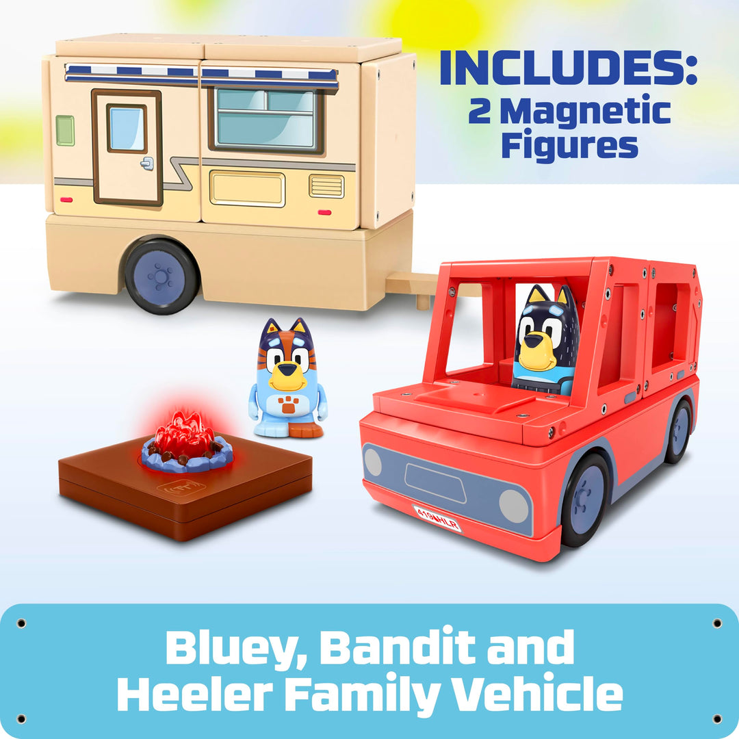 Tile Town Bluey Heeler Camper Magnetic Tile Set with Bluey and Bandit Figures, Magnetic Building Set