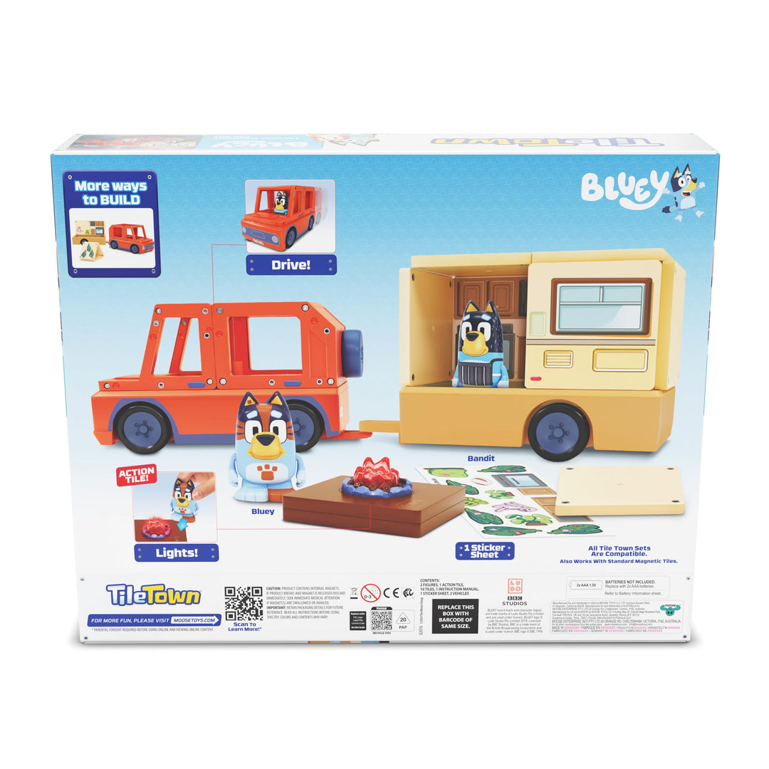 Tile Town Bluey Heeler Camper Magnetic Tile Set with Bluey and Bandit Figures, Magnetic Building Set