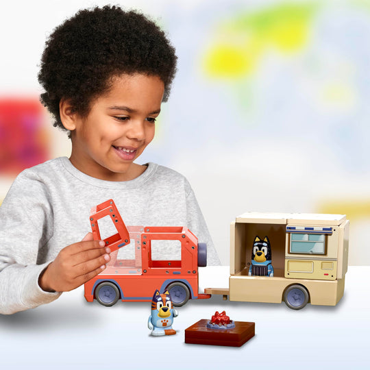 Tile Town Bluey Heeler Camper Magnetic Tile Set with Bluey and Bandit Figures, Magnetic Building Set