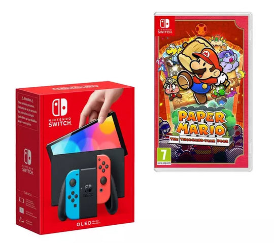 Nintendo Switch OLED &amp; Paper Mario: The Thousand-Year Door Bundle - Neon Red &amp; Blue