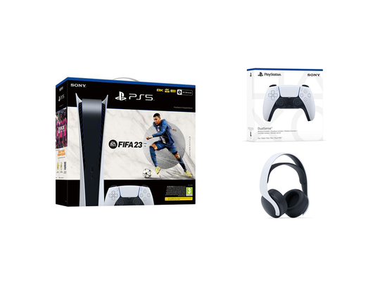 PlayStation 5 Digital Console - FIFA 23 + White DualSense Controller + White Pulse 3D Wireless Headset