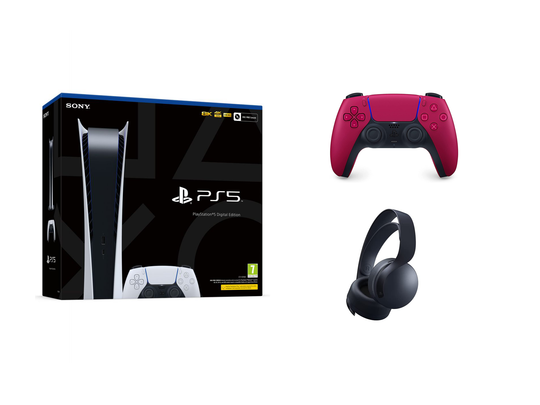 PlayStation 5 Digital Edition + Black Pulse 3D Wireless Headset + DualSense Cosmic Red Wireless Controller