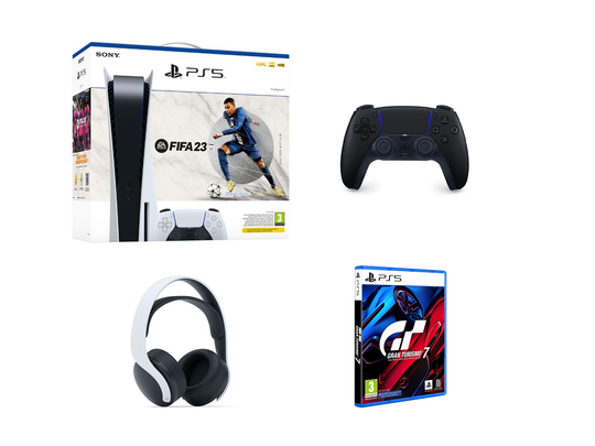 PlayStation 5 Console - FIFA 23 + Black DualSense Controller + Gran Turismo 7 + White Pulse 3D Wireless Headset